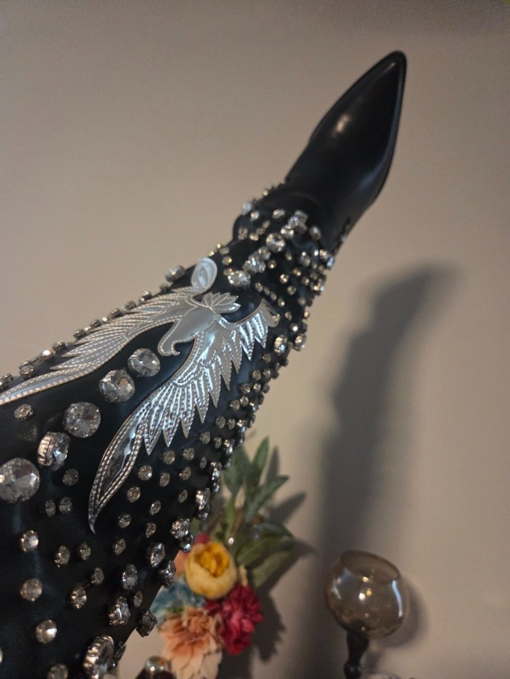 Black Crystal‑Studded Western Boots • Wing Embroidery • Statement Cowgirl Boot